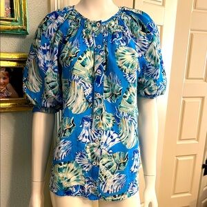 Blue Print Puff Sleeve Button-Front Top Chico Size 2 #EE